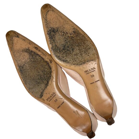 Prada Vintage 90s Khaki Leather Ballet Buckle Kitten Heel Mule 8 - Picture 7 of 9